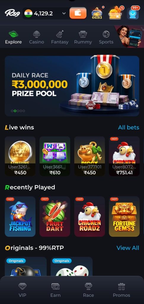 RS9 Game home dashboard with daily race prize pool, live wins, recently played games, and original casino games.