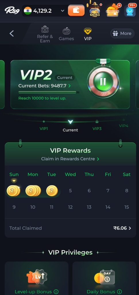RS9 Game VIP rewards page showing VIP level progress, daily bonus calendar, and exclusive member benefits.