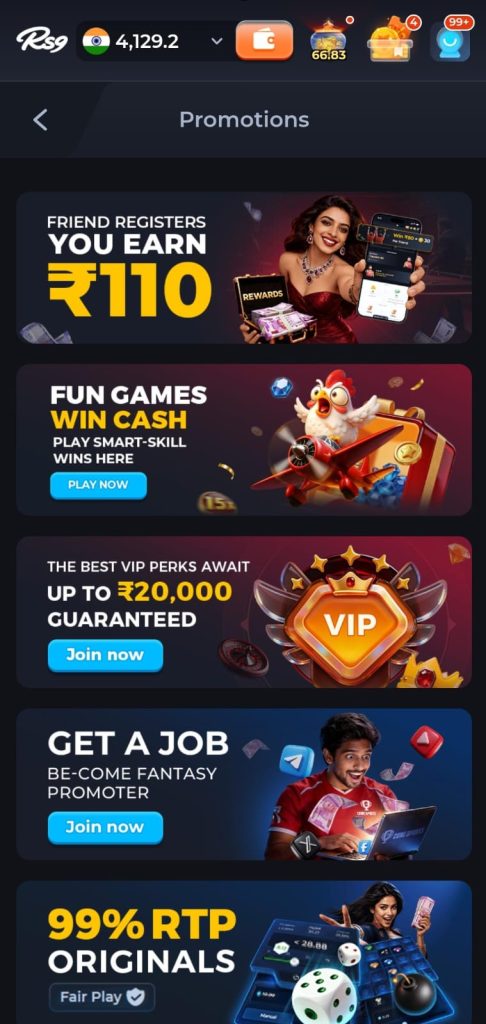 RS9 Game promotions page showing refer and earn rewards, VIP benefits, fun games, and 99% RTP originals.